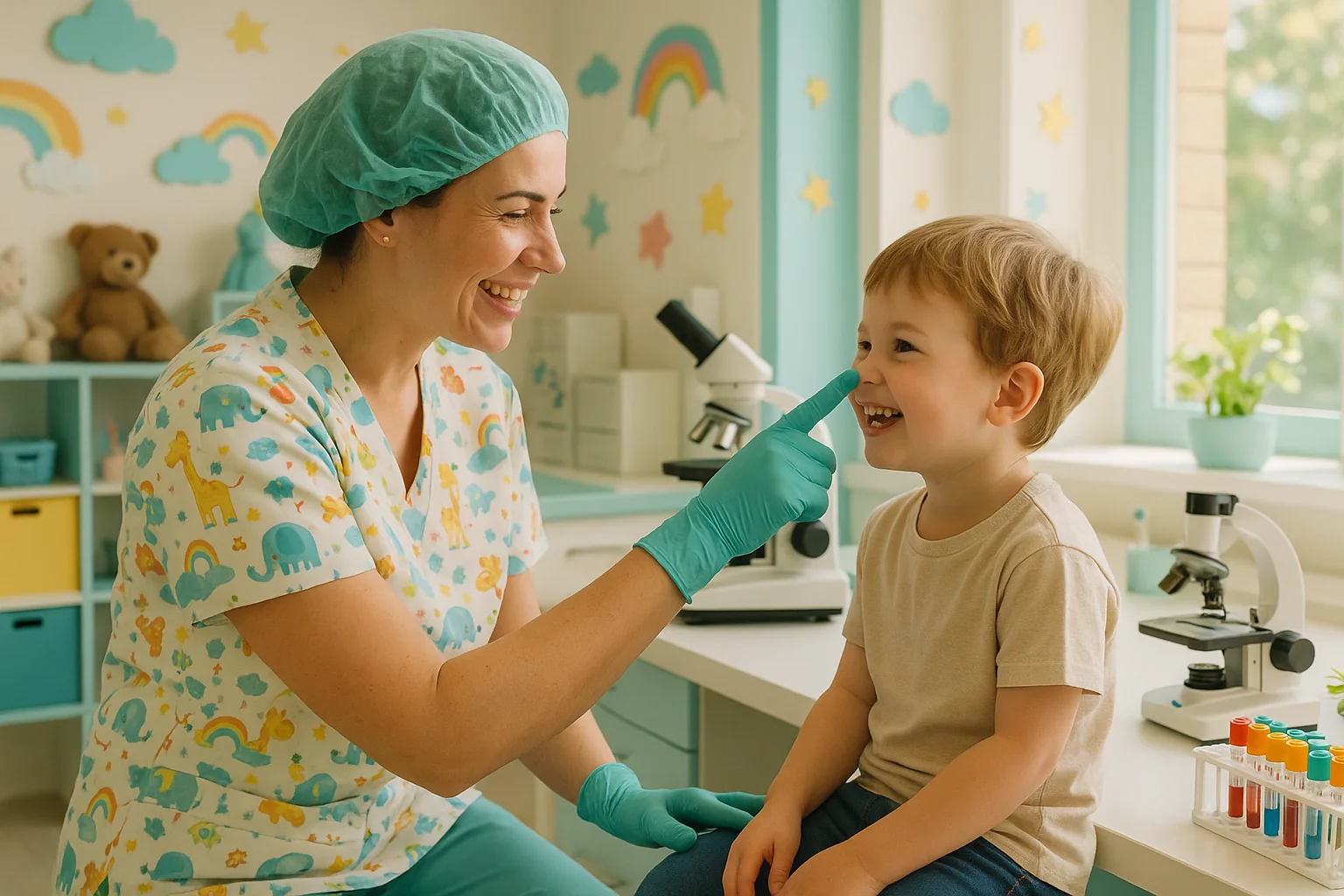 Profissional do São Lucas Kids brincando com uma criança no laboratório